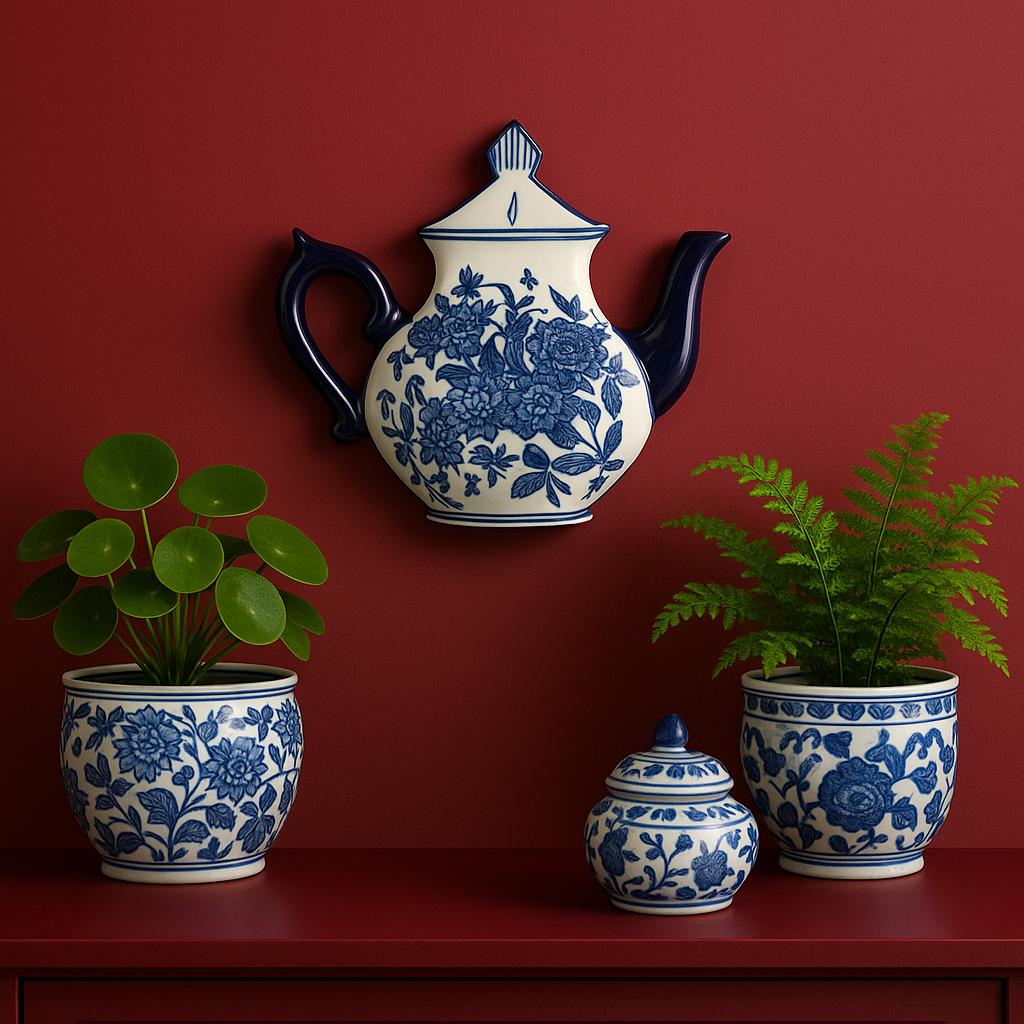 Blue Floral Porcelain-Inspired Kettle Wall Art