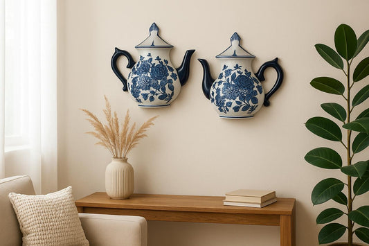 Blue Floral Porcelain-Inspired Kettle Wall Art