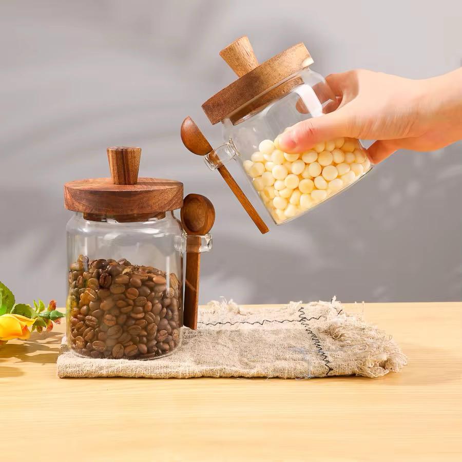 Premium Glass Storage Jar with Wooden Spoon & Lid