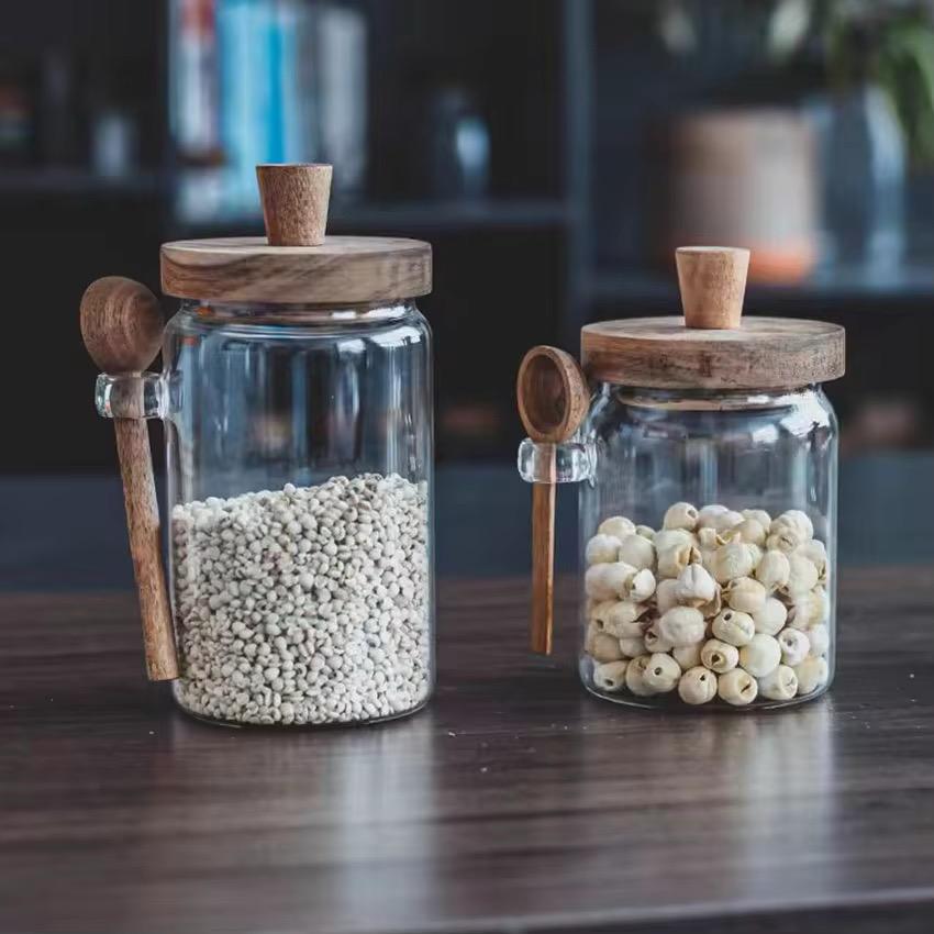 Premium Glass Storage Jar with Wooden Spoon & Lid