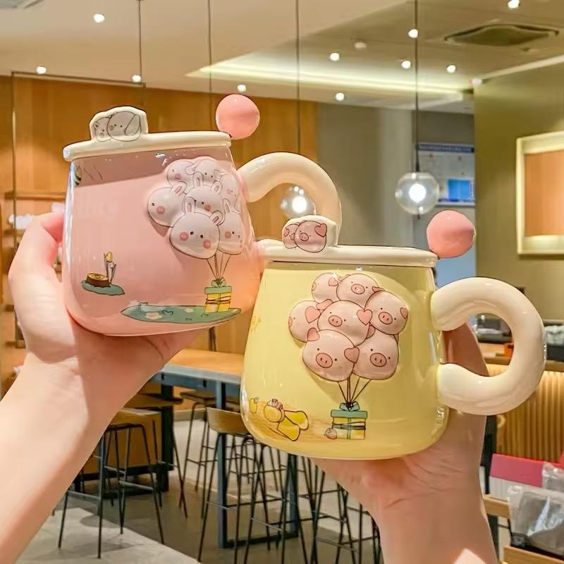 Cloud-Nine Balloon Ceramic Mug Set -400 ML- With Lid & Cute Spoon