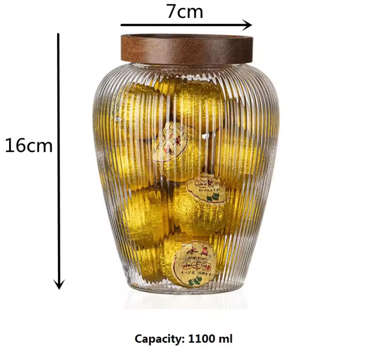 Premium High Borosilicate Glass Storage Jars- Striped Pattern and Wooden Lid