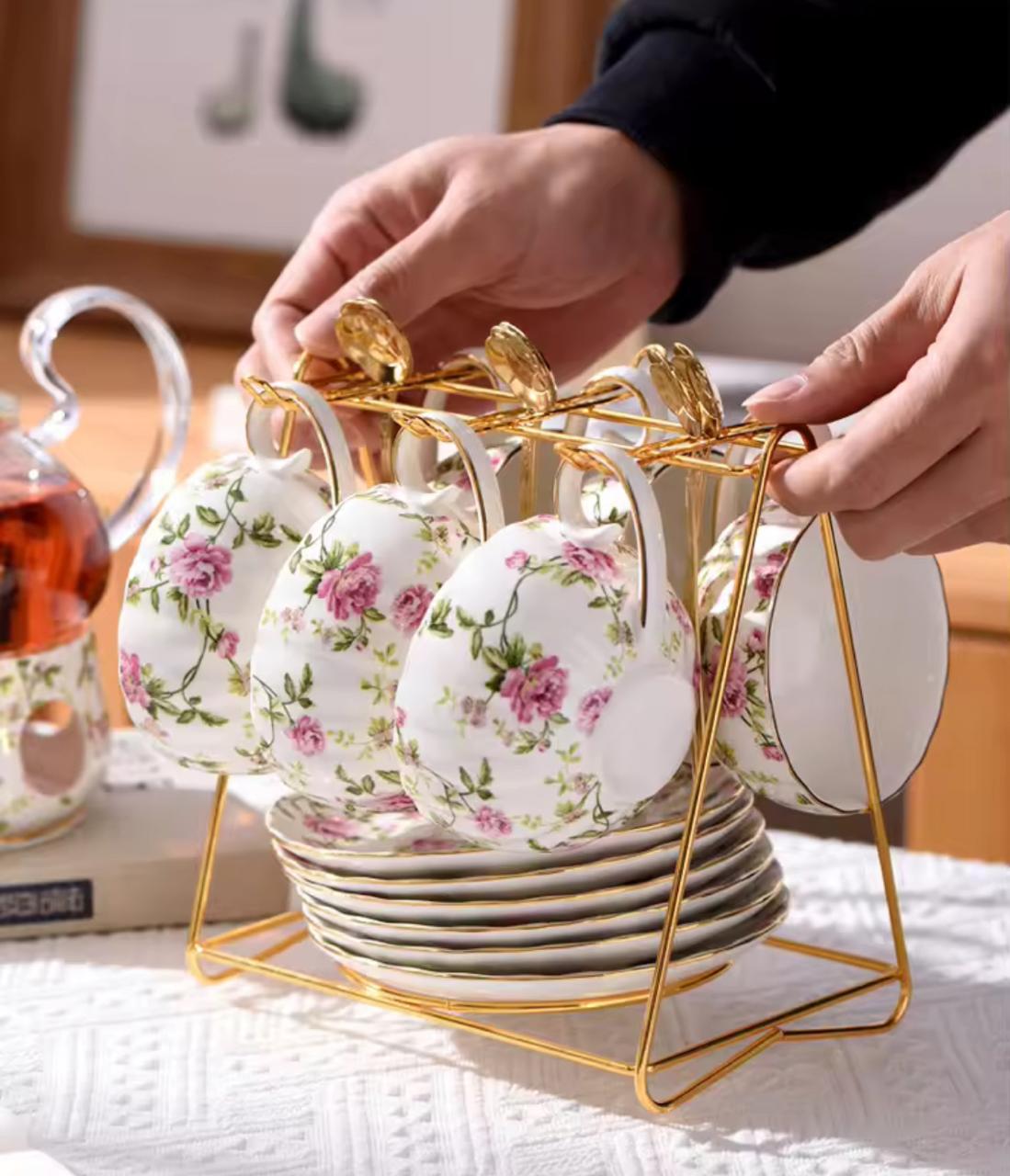 Blossom Breeze Tea Set- Porcelain Cup & Saucer, Kettle & Candle Warmer(15 Pcs)