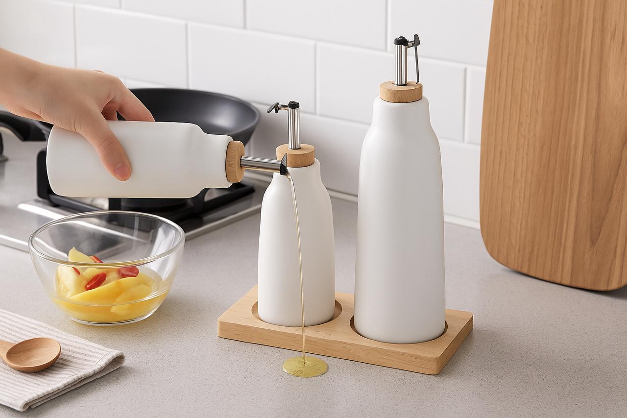 Modern Ceramic Oil Dispenser Set of 2 with Wooden Tray-280ml & 420 ml