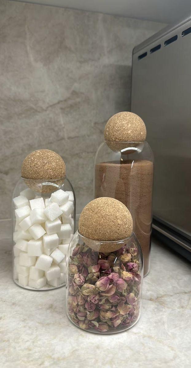 Set of 3 Glass Storage Jar with Airtight Cork Ball Lid