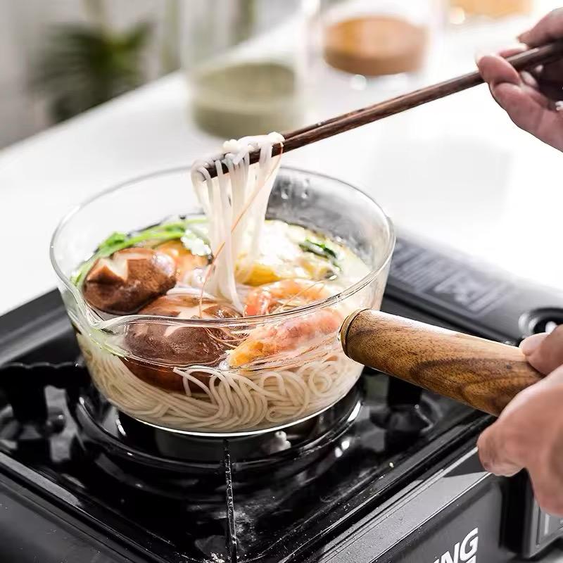 Stove-Safe Glass Milk Pan with Eco-Wood Handle