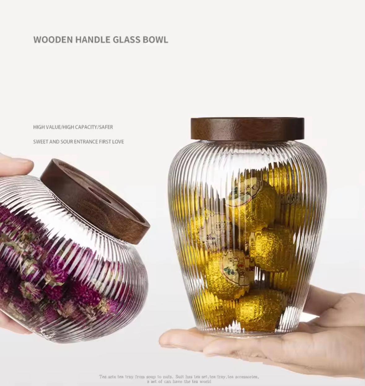 Premium High Borosilicate Glass Storage Jars- Striped Pattern and Wooden Lid