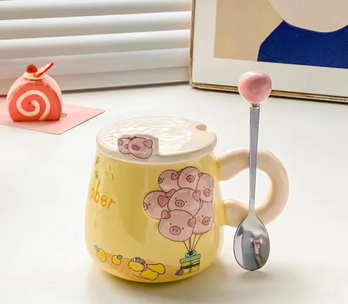 Cloud-Nine Balloon Ceramic Mug Set -400 ML- With Lid & Cute Spoon