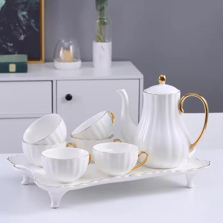 Royal White Tea Pot Set - with Kettle & Serving Tray
