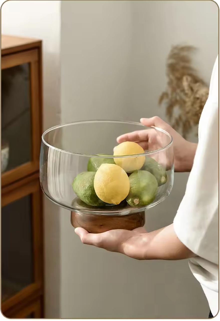 Premium Glass Serving Bowl with Wooden Base