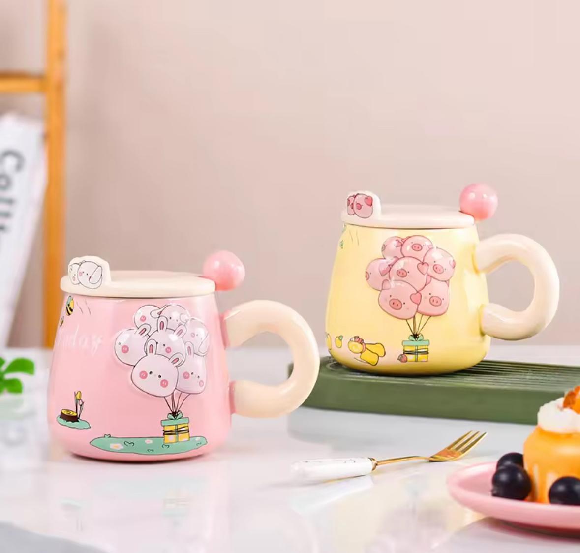 Cloud-Nine Balloon Ceramic Mug Set -400 ML- With Lid & Cute Spoon