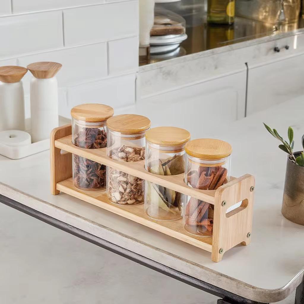Set of 4 Glass Spice Jars with Airtight Wooden Lids & Wooden Holder