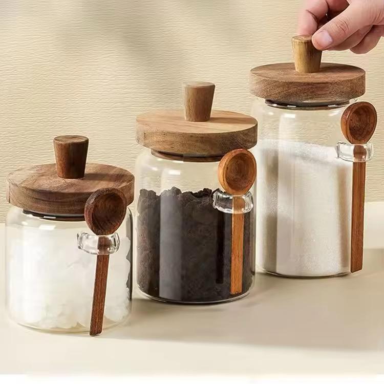Premium Glass Storage Jar with Wooden Spoon & Lid
