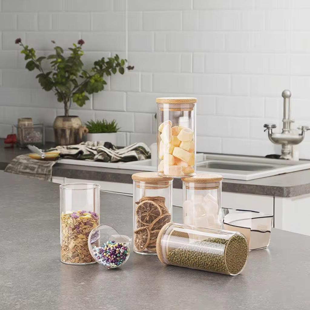 Set of 4 Glass Spice Jars with Airtight Wooden Lids & Wooden Holder