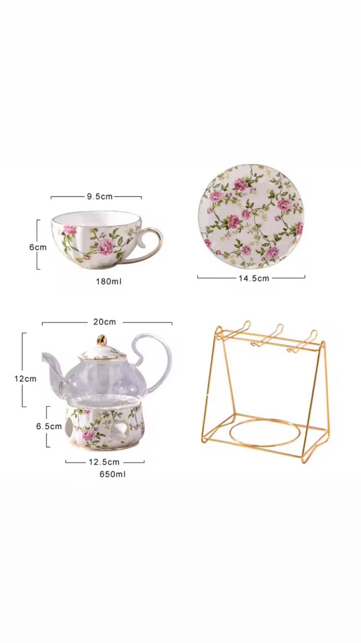 Blossom Breeze Tea Set- Porcelain Cup & Saucer, Kettle & Candle Warmer(15 Pcs)