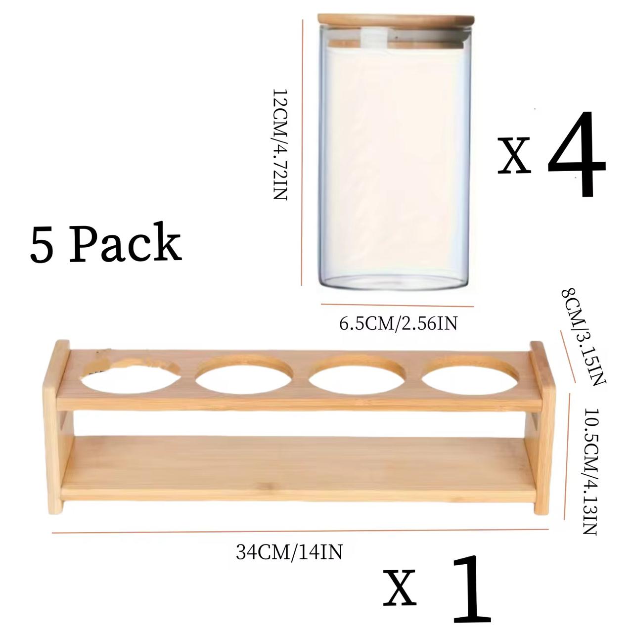 Set of 4 Glass Spice Jars with Airtight Wooden Lids & Wooden Holder