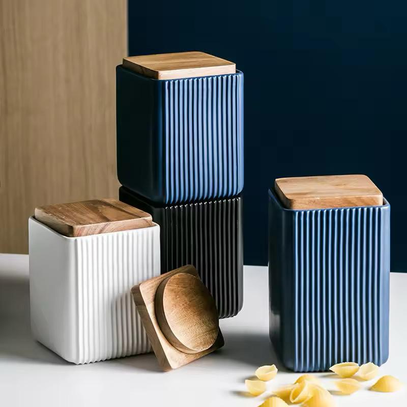 Ribbed Elegance - Airtight Ceramic Kitchen Canister