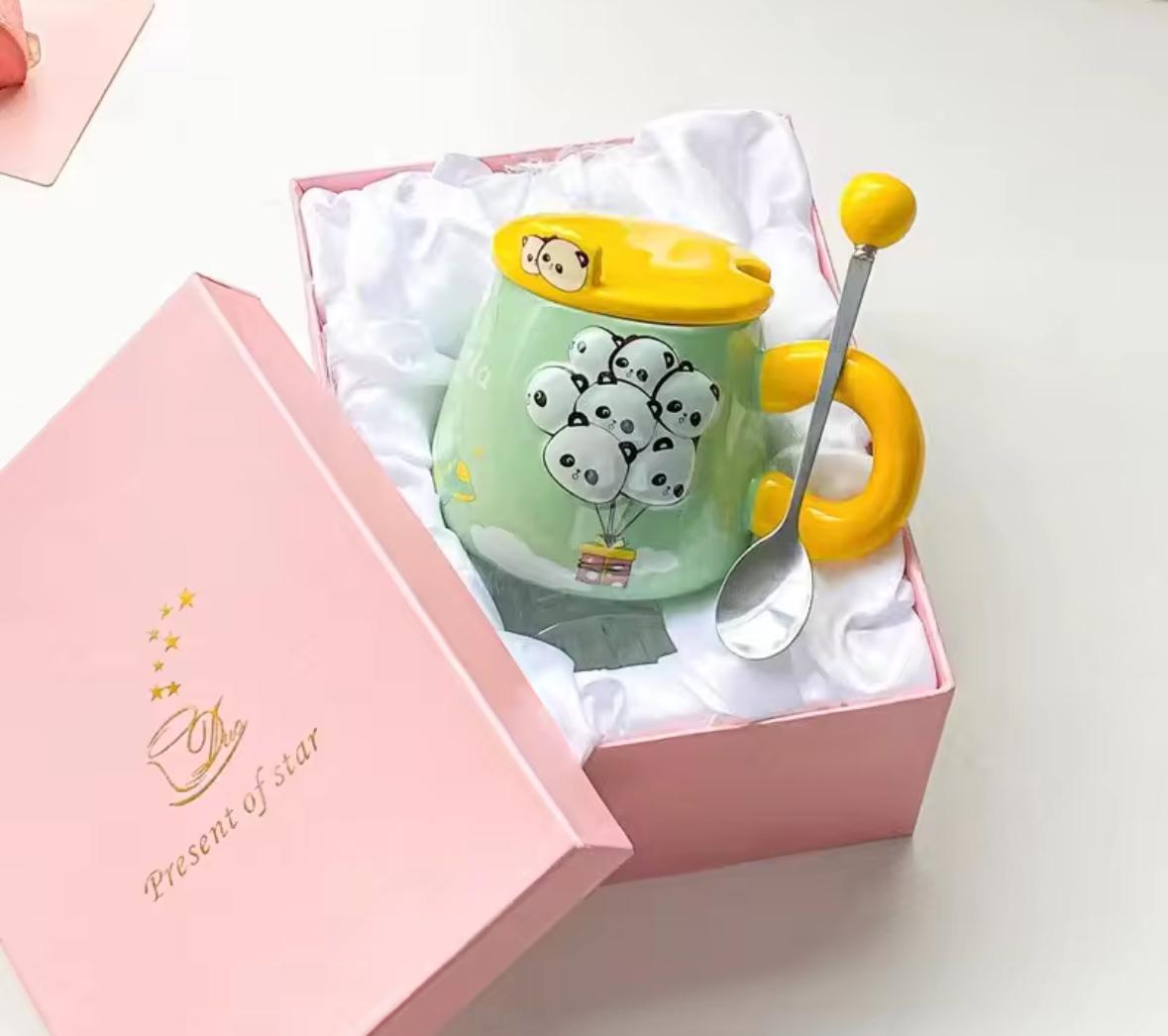 Cloud-Nine Balloon Ceramic Mug Set -400 ML- With Lid & Cute Spoon