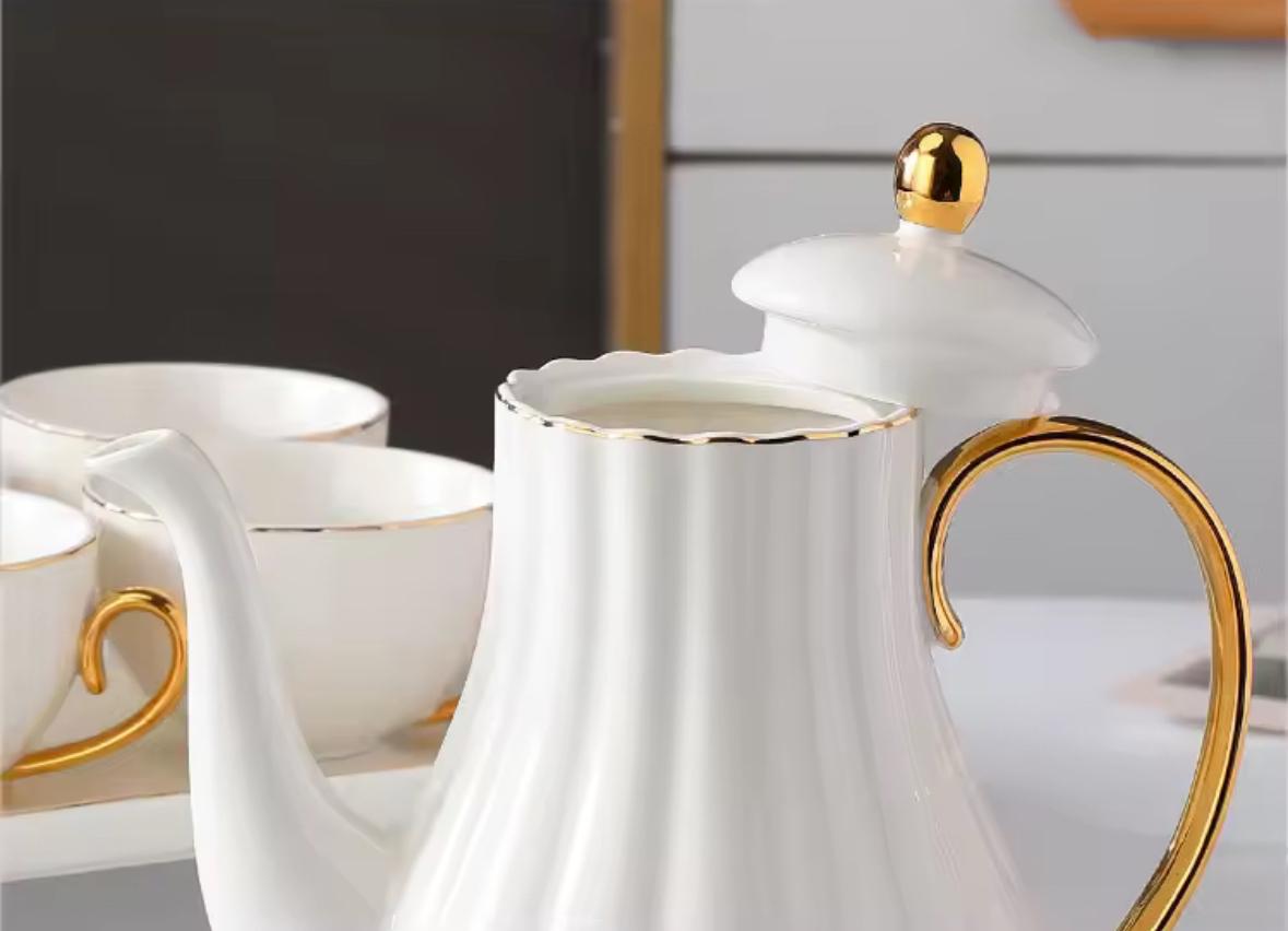 Royal White Tea Pot Set - with Kettle & Serving Tray