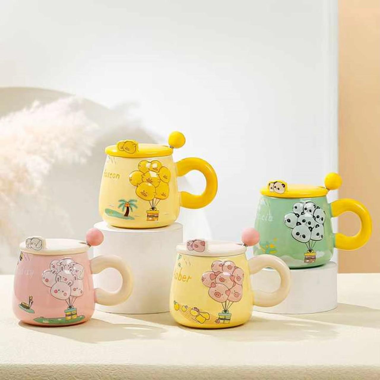 Cloud-Nine Balloon Ceramic Mug Set -400 ML- With Lid & Cute Spoon