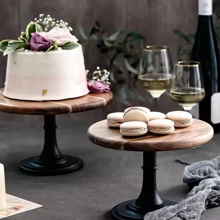 Minimalist Wooden Cake Stand- Modern Black Base