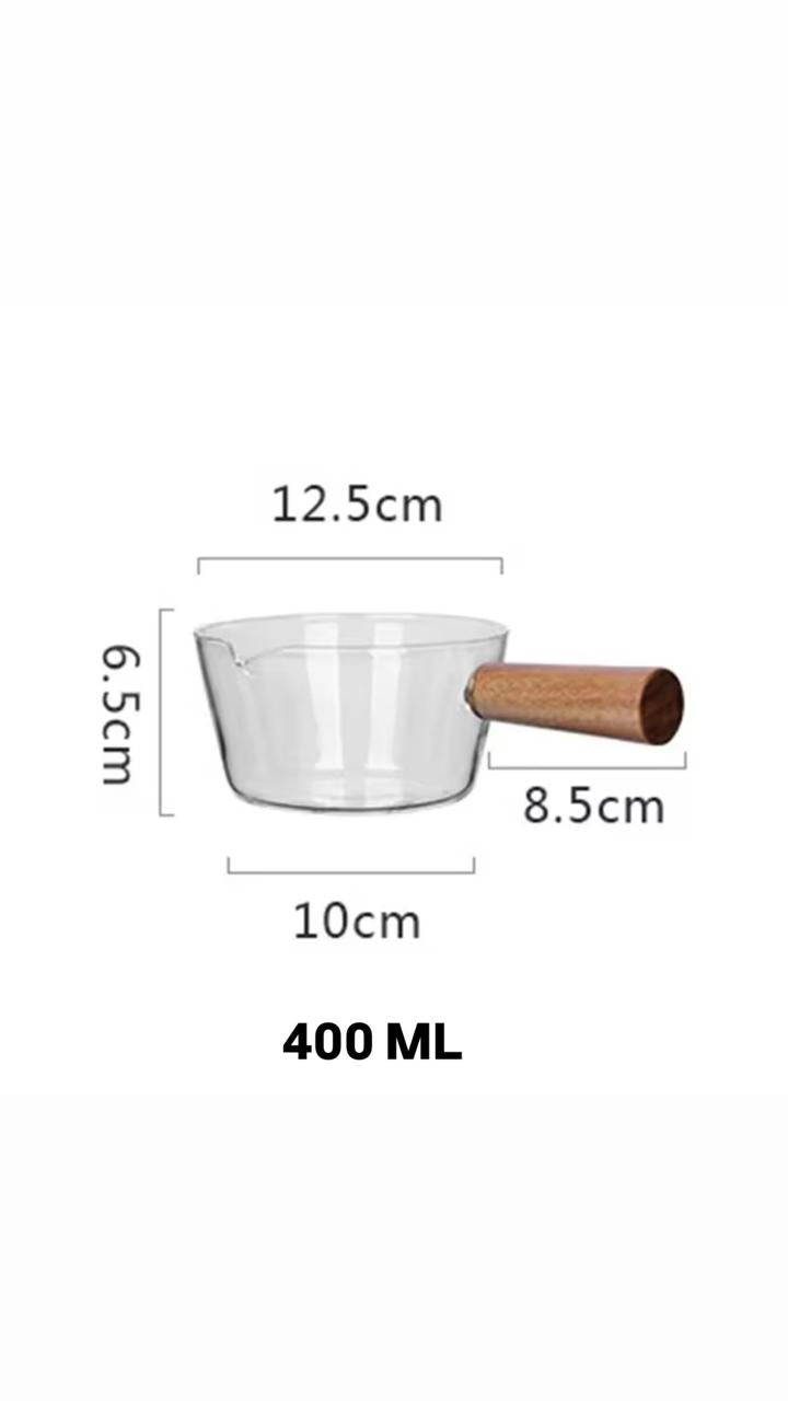 Stove-Safe Glass Milk Pan with Eco-Wood Handle