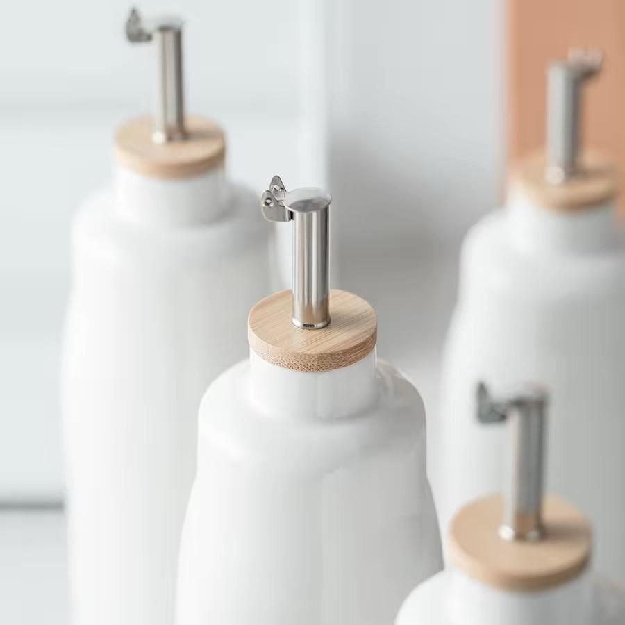 Modern Ceramic Oil Dispenser Set of 2 with Wooden Tray-280ml & 420 ml
