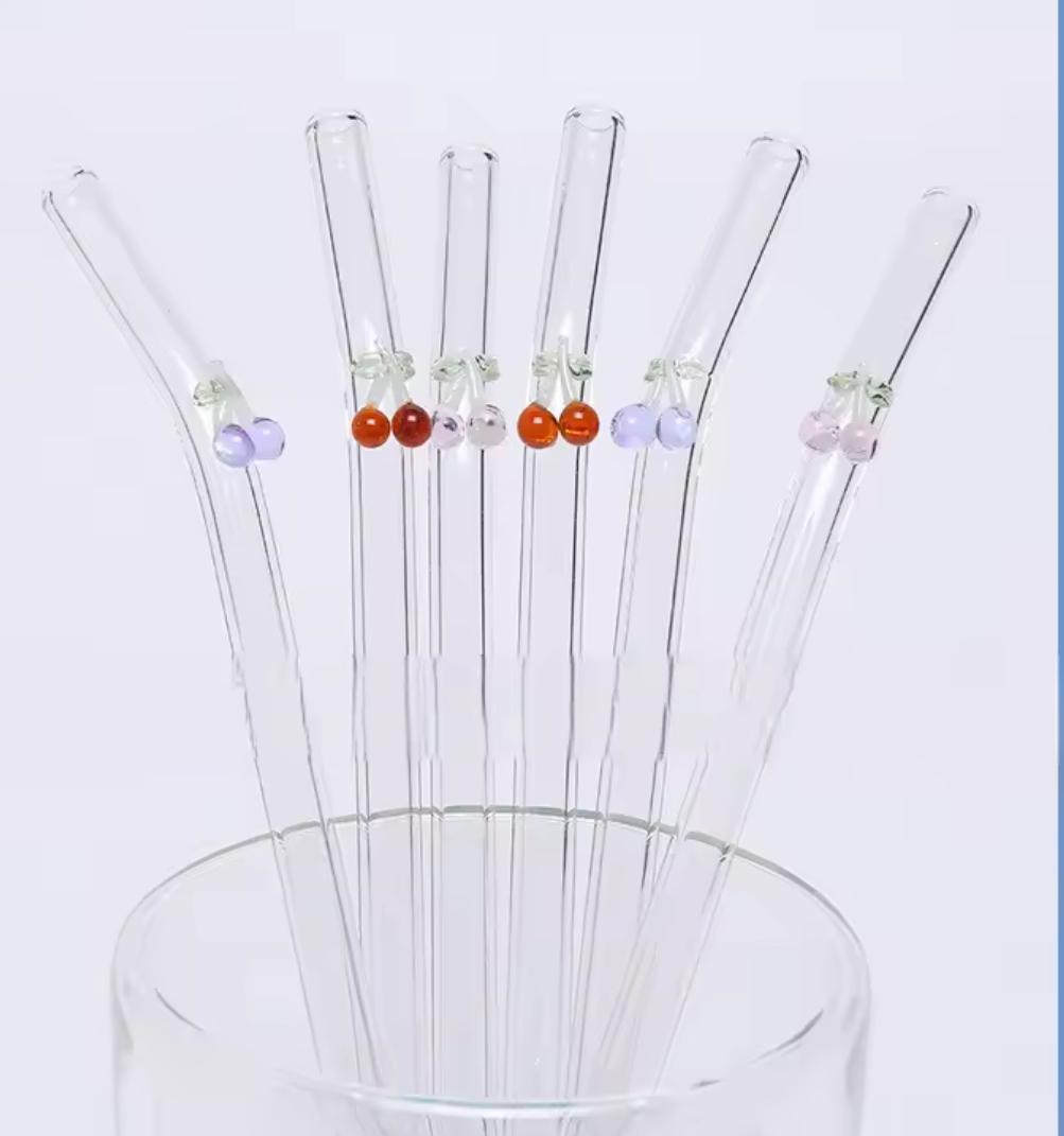 Cute Cherry Hook Design Glass Straws- Eco Friendly