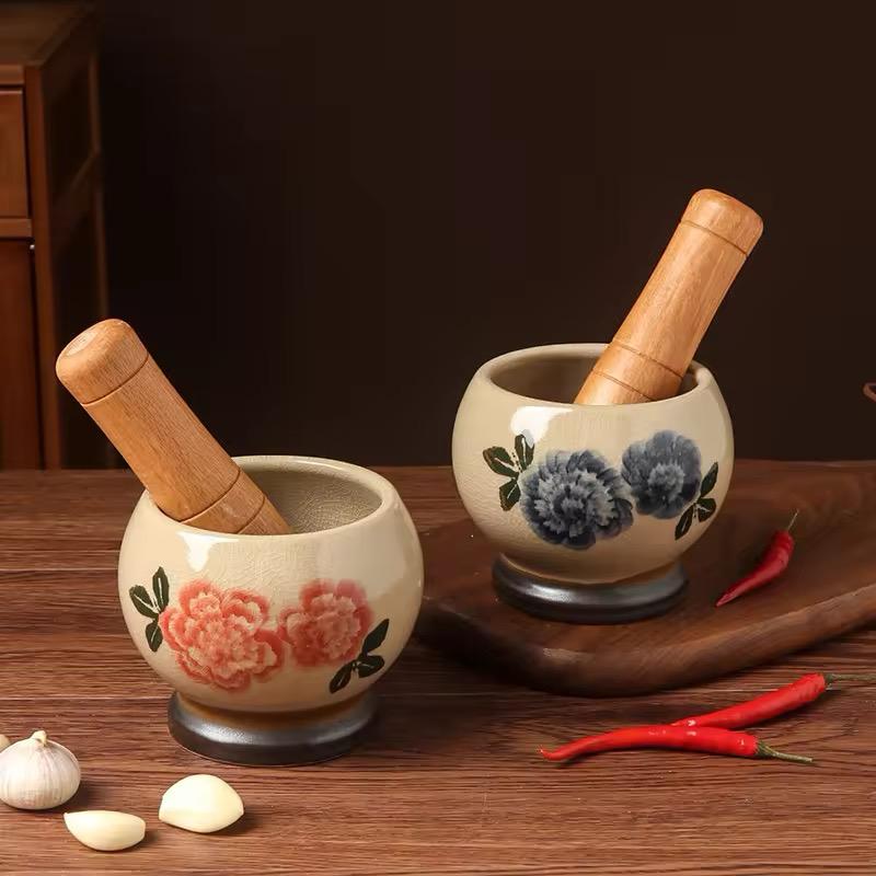 Rustic Charm Ceramic Mortar & Pestle – Crackle Finish & Floral Motif