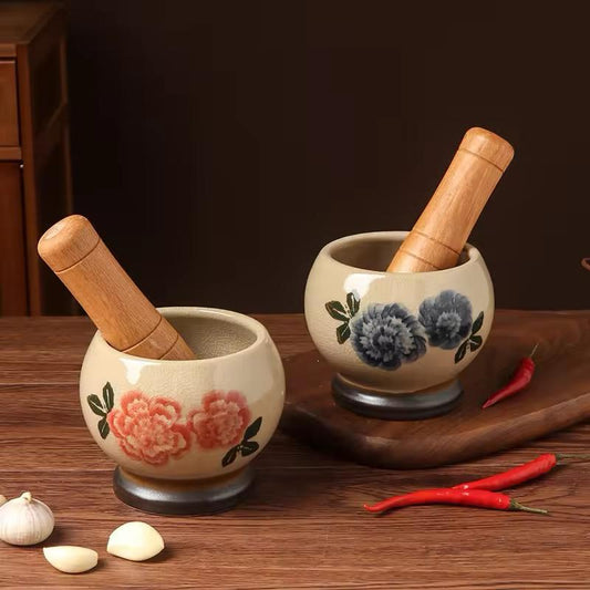 Rustic Charm Ceramic Mortar & Pestle – Crackle Finish & Floral Motif