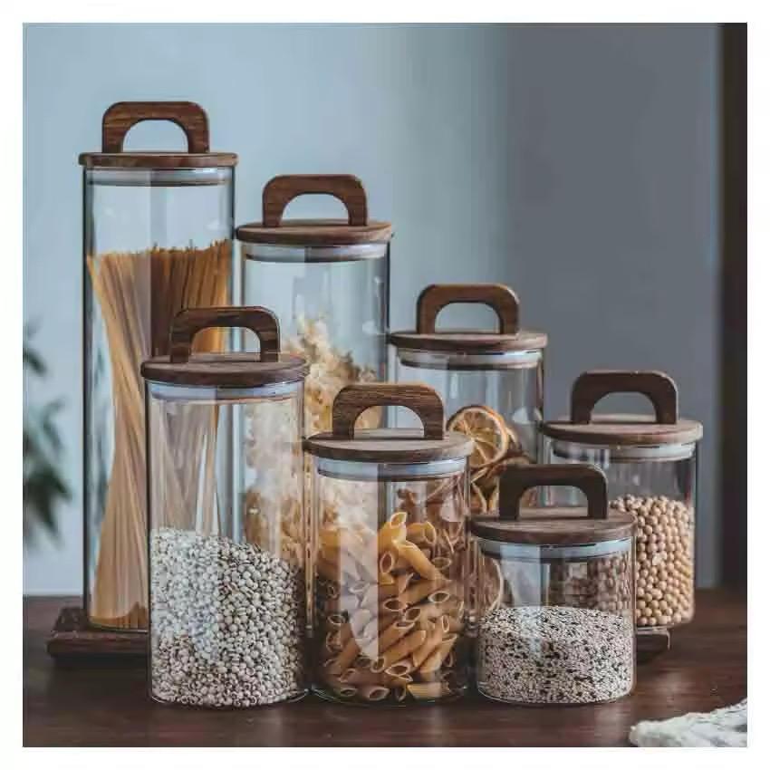 Acacia Glass Storage Jar- Airtight Wooden Lid with Handle