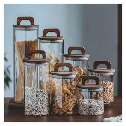 Acacia Glass Storage Jar- Airtight Wooden Lid with Handle