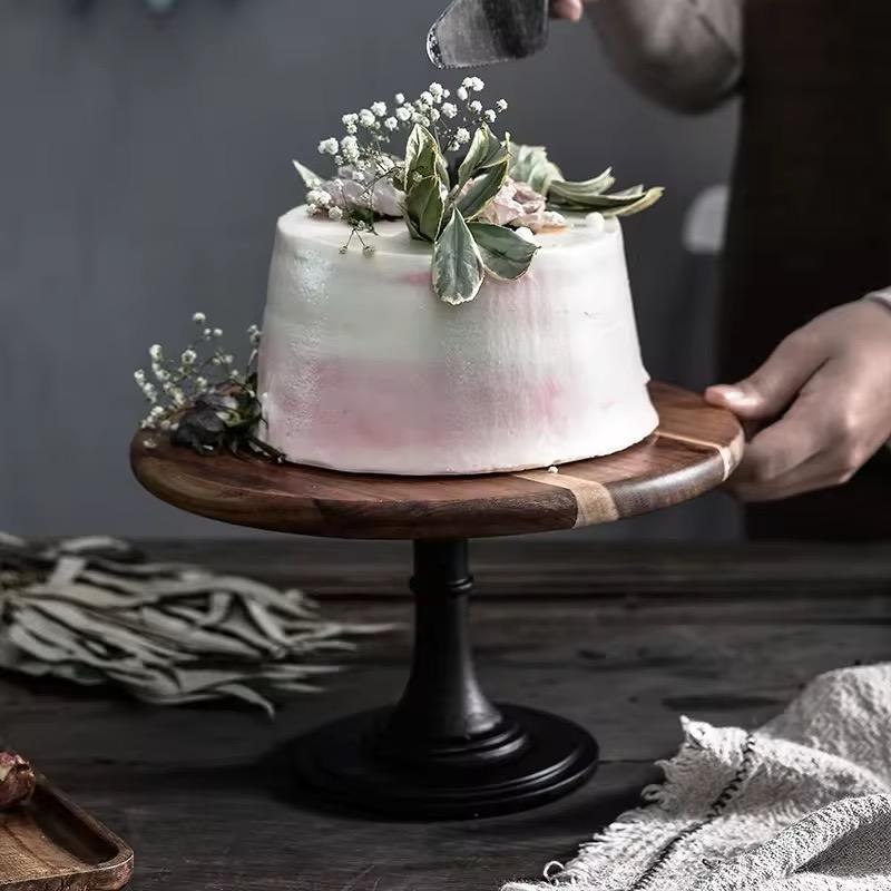 Minimalist Wooden Cake Stand- Modern Black Base