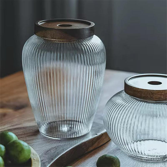 Premium High Borosilicate Glass Storage Jars- Striped Pattern and Wooden Lid