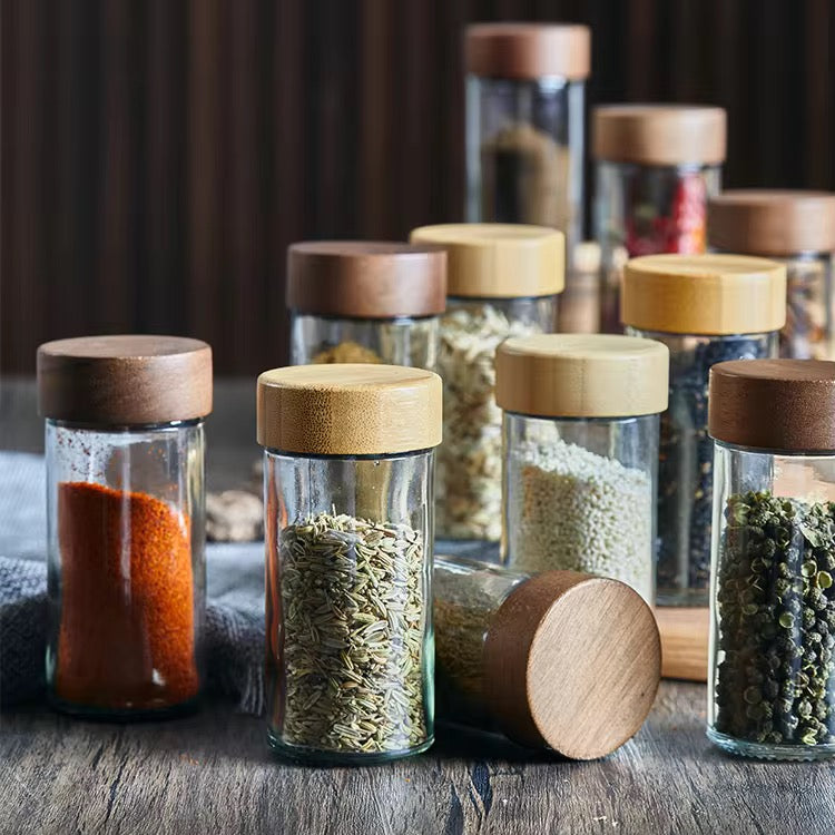 Set of 12- Aroma Lock Glass Spice jars with wooden lid