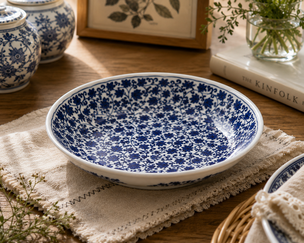 Blue & White Floral Porcelain Serving Bowl – 21 cm