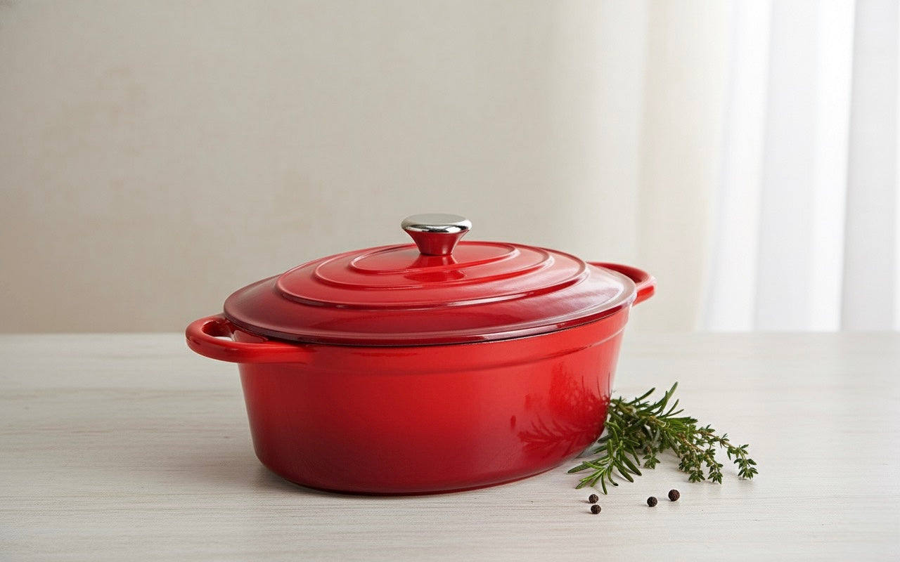 Oval Enamelled Cast Iron Dutch Oven – 24 cm (Red | White)