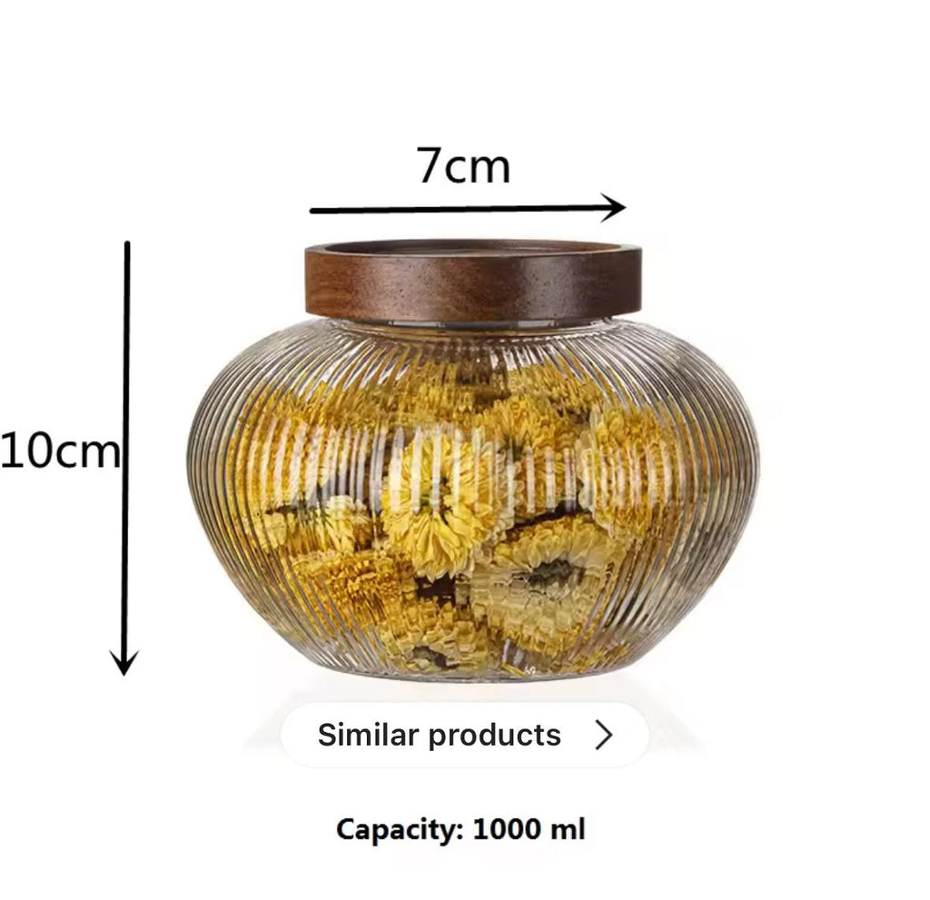 Premium High Borosilicate Glass Storage Jars- Striped Pattern and Wooden Lid