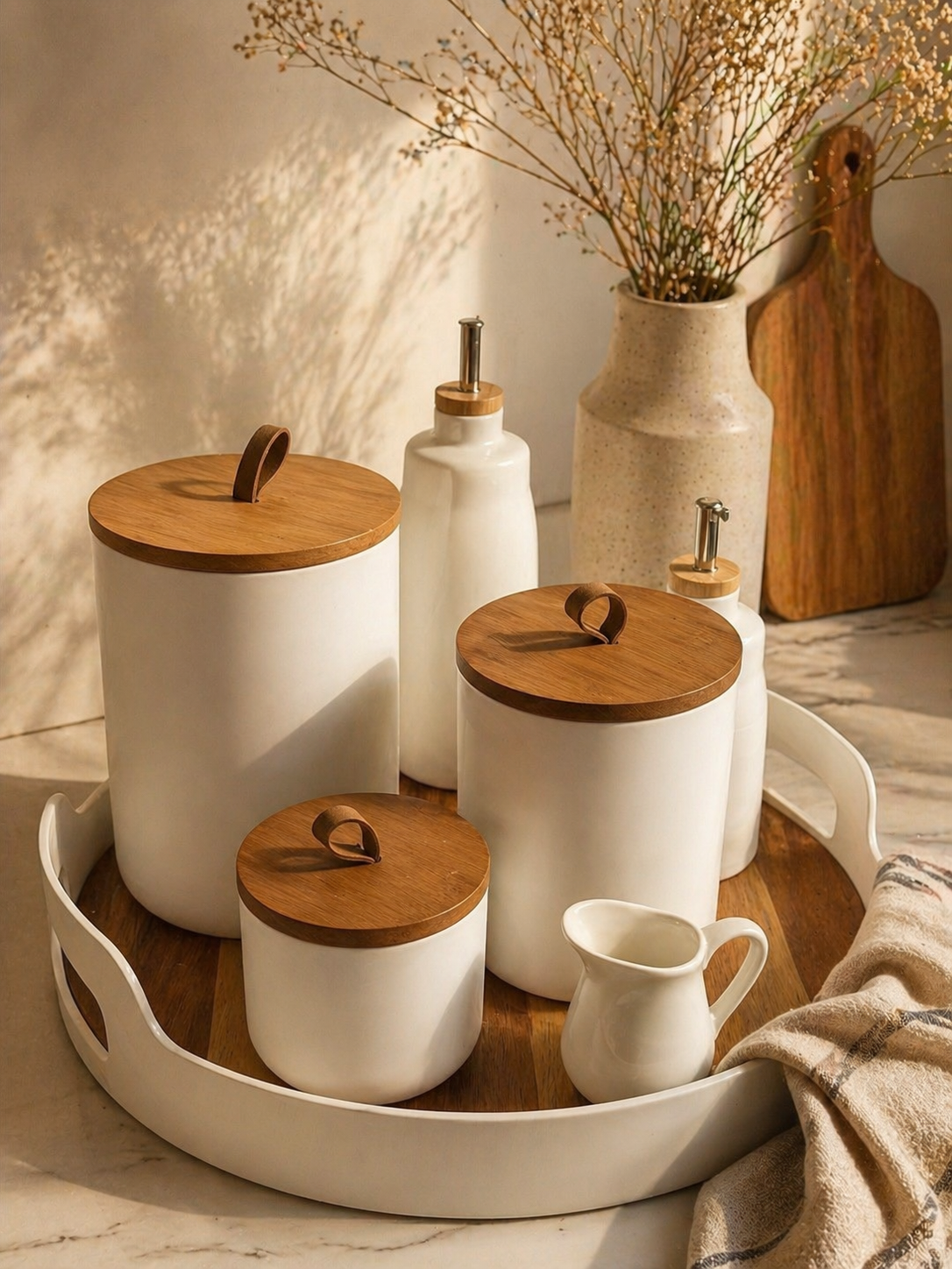 Acacia Lid Ceramic Canister Set (Set of 3)