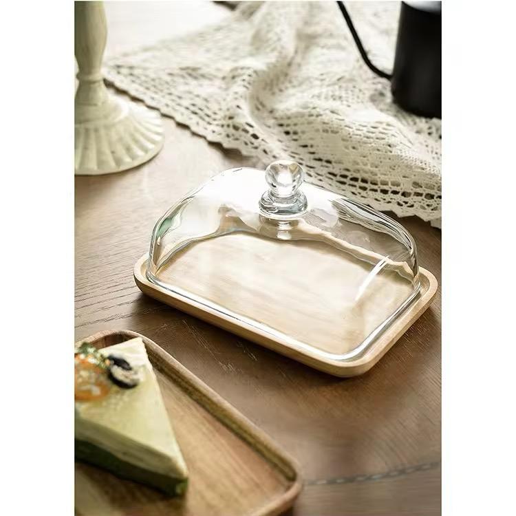Petite Dessert Display Cloche-Glass Dome with Wooden Tray