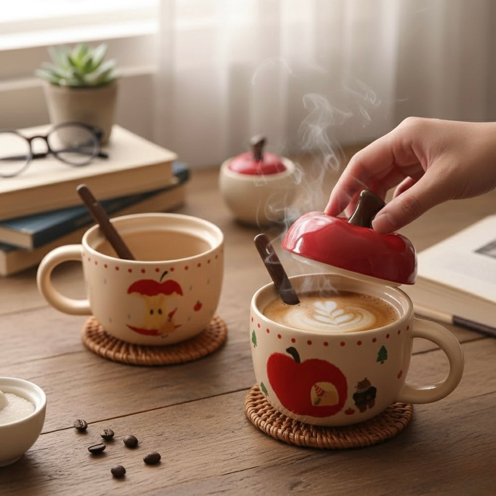 Cartoon Apple Ceramic Mug with Lid – by The Macau Home