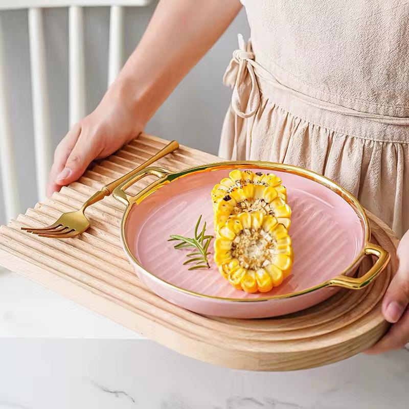 Golden Halo Ceramic Round Serving Tray