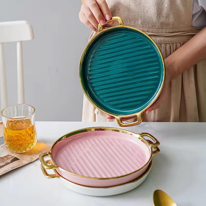Golden Halo Ceramic Round Serving Tray