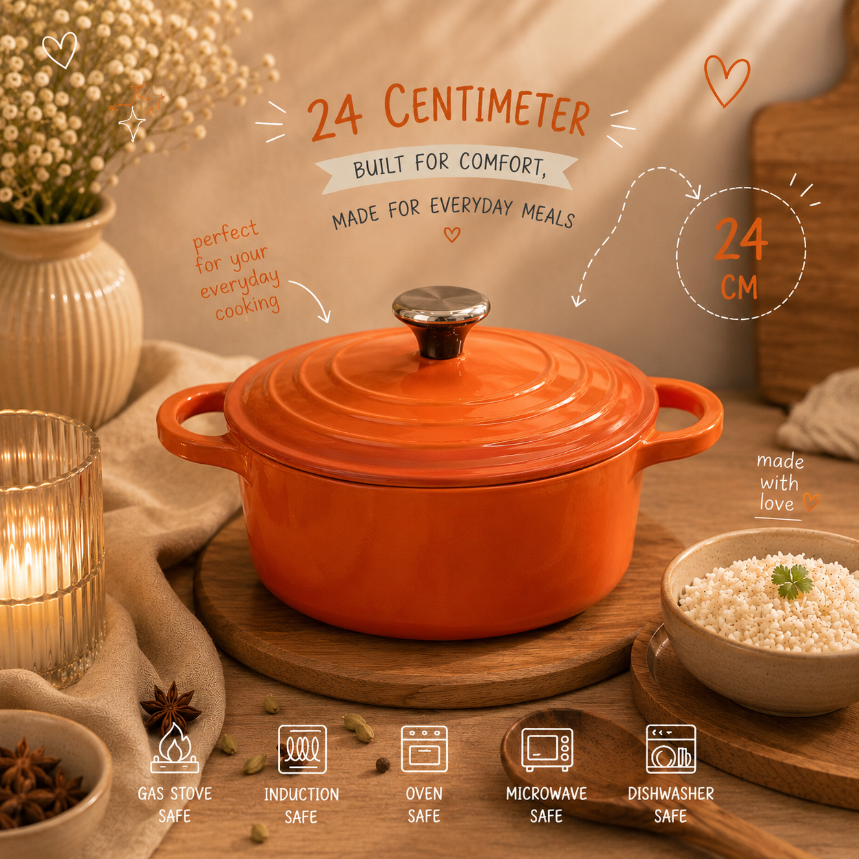 24 CM Enamel Coated Cast Iron Cookware | Approx. 4.5–5.5 Liters