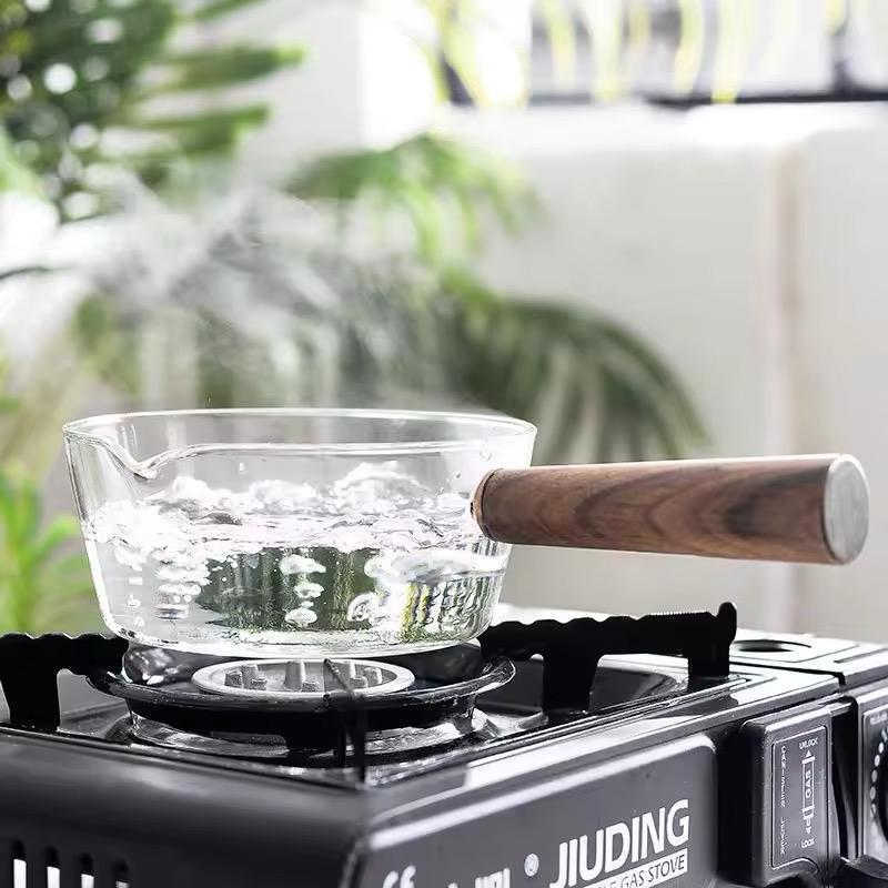 Stove-Safe Glass Milk Pan with Eco-Wood Handle