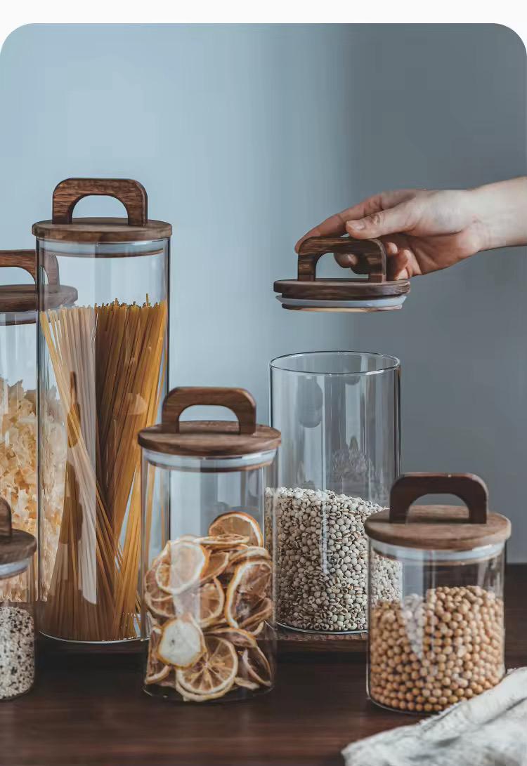 Acacia Glass Storage Jar- Airtight Wooden Lid with Handle