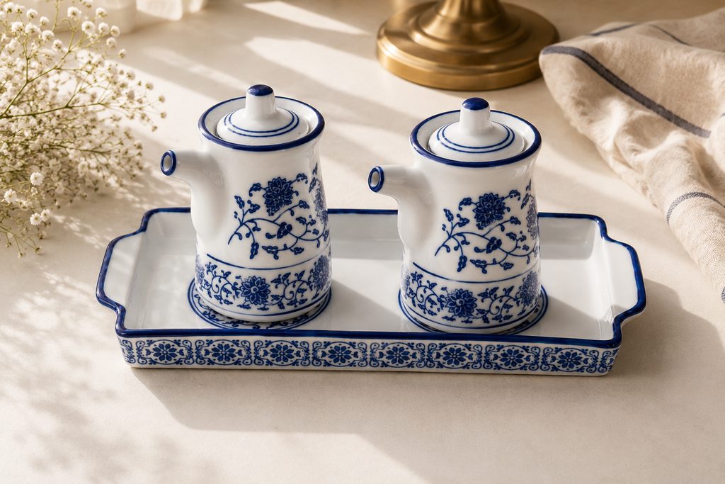 Azure Bloom Oil & Vinegar Pourer Set with Tray