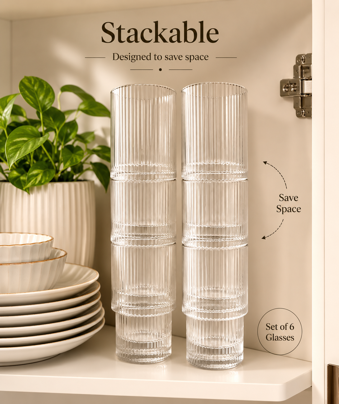Ribbed Stackable 300ml Glasses – Set of 6