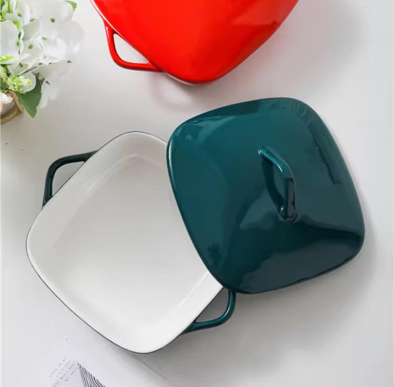 Premium Deep Green Ceramic Baking Dish with Lid-500 ml