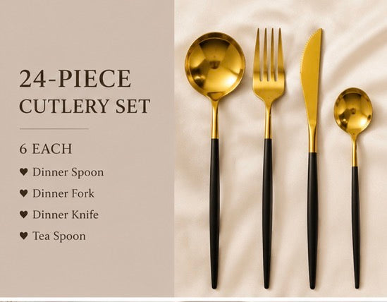 Luxury Gold Cutlery Set – 24 Pieces | Blush Pink & Jet Black